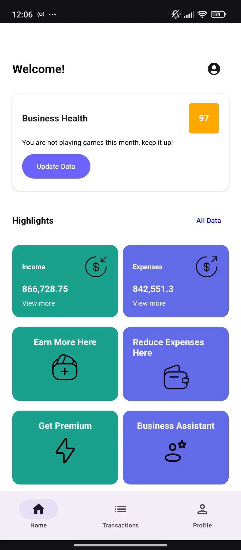Home dashboard
